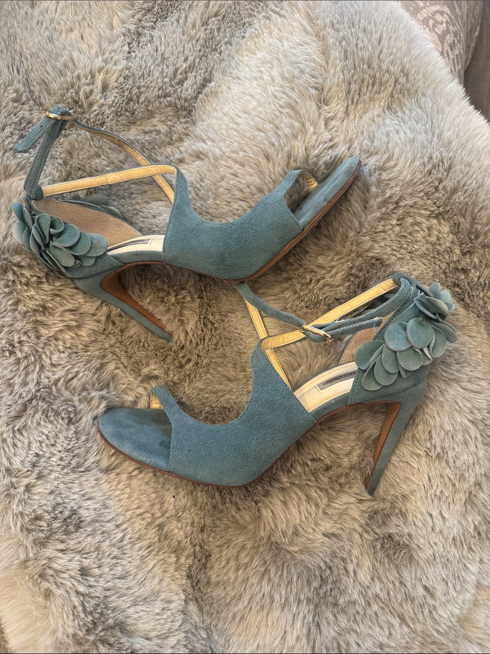 Raphaella Booz Women's Teal Suede Floral Ankle-Strap High Heels